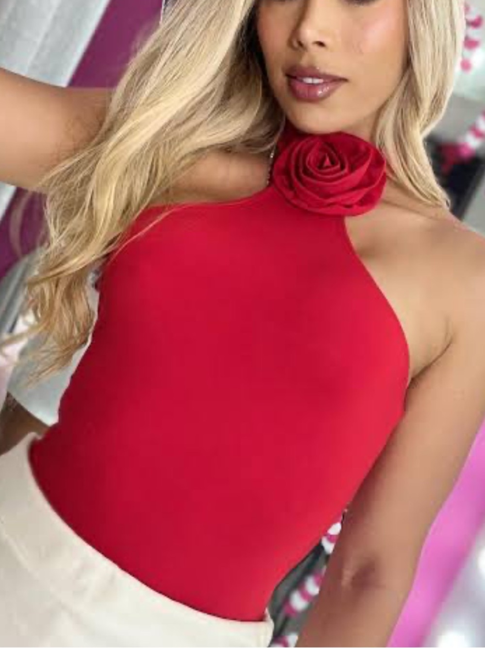 NWOT Red Halter Bodysuit with Rose Accent size L